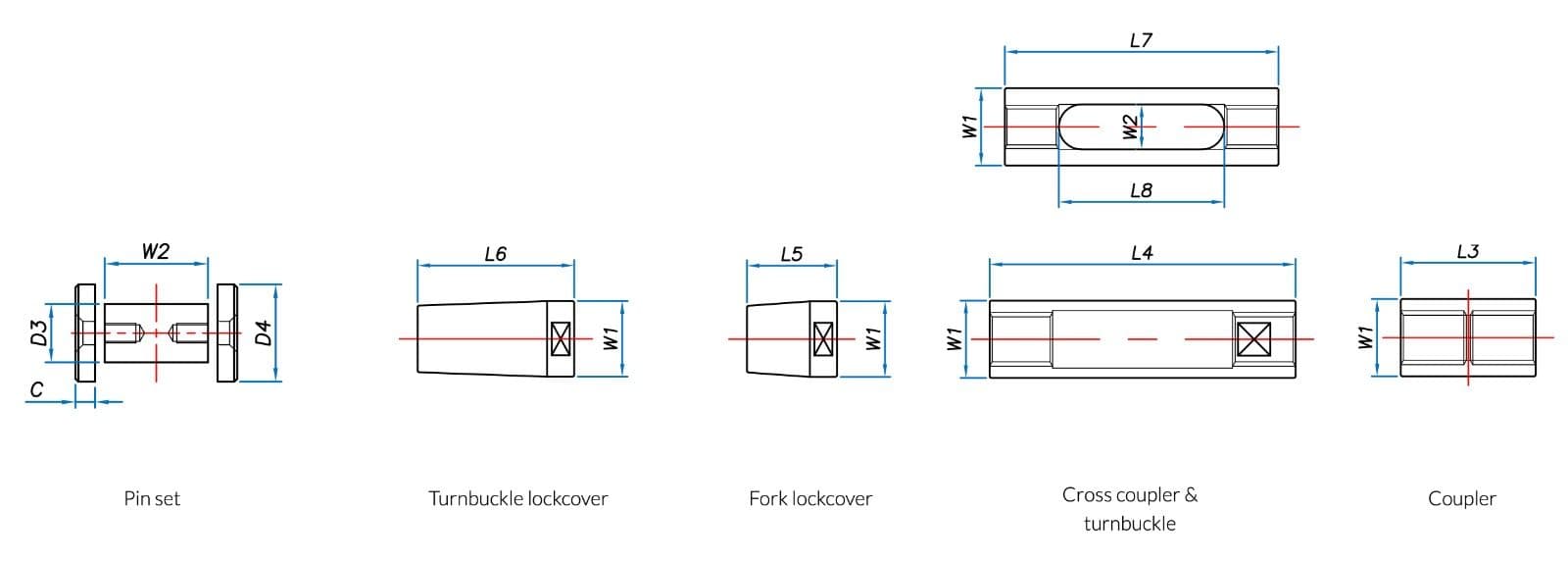 Dimension drawing of tie bar accessories: pin set (C, D3, D4, W2), turnbuckle lockcover (L6, W1), fork lockcover (L5, W1), cross coupler and turnbuckle (L4, L7, L8, W1, W2) and coupler (L3, W1)