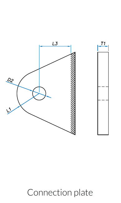 Dimension drawing of the connection plate: pin hole D2, projection L1, clearance L3 and thickness T1