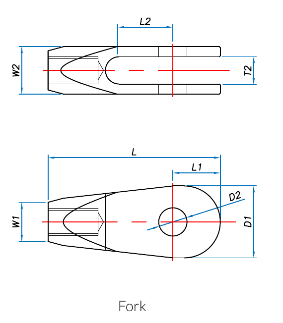 Dimension drawing of the fork: fork length L, jaw depth L2, projection L1, diameter W1, thickness W2, jaw gap T2, width D1 and pin hole diameter D2