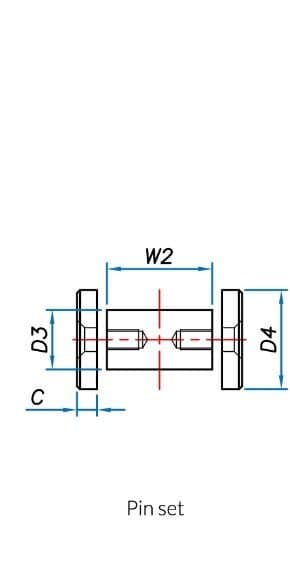 Dimension drawing of the pin set: pin diameter D3, pin body length W2, end cap diameter D4 and end cap thickness C