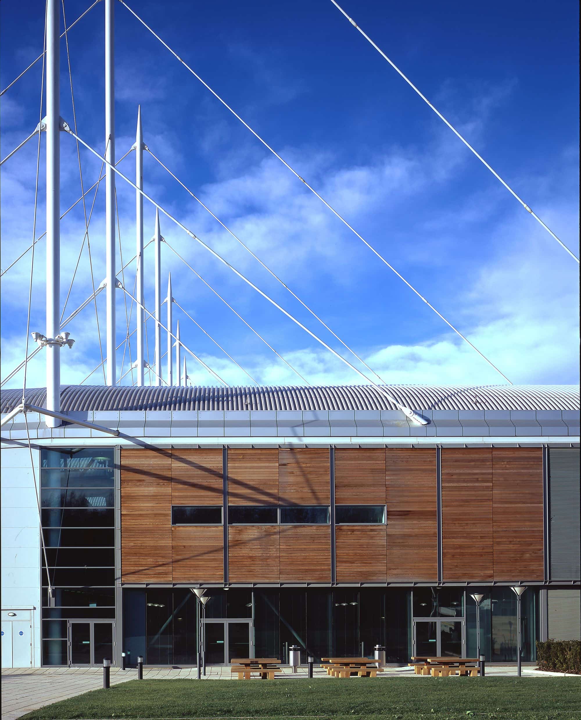 Masts and M100 tendons over the roof of the English Institute of Sport, Sheffield