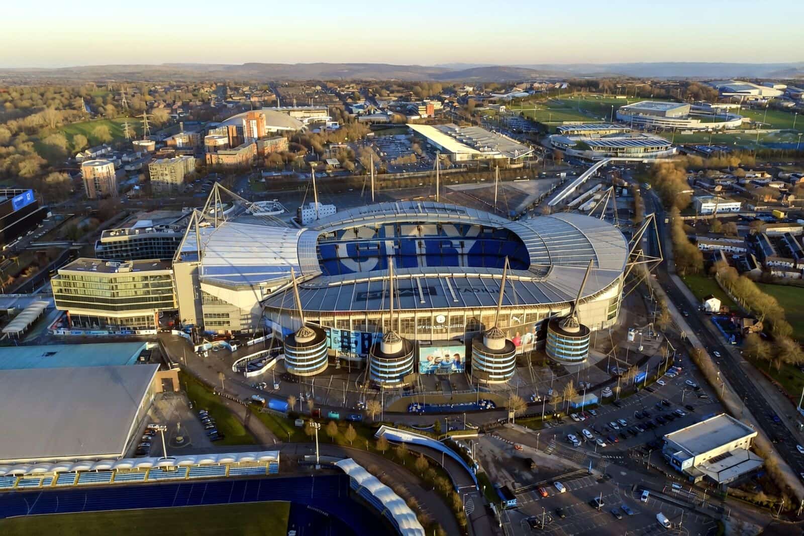 Aerial view of the Etihad Stadium and its North Stand expansion