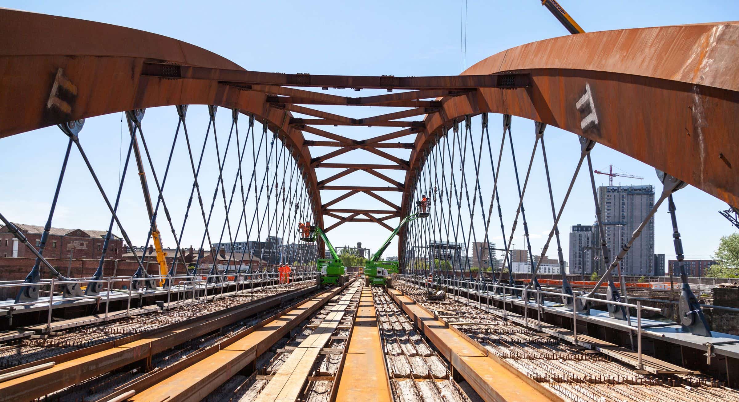 Looking along the tracks under the finished network arch